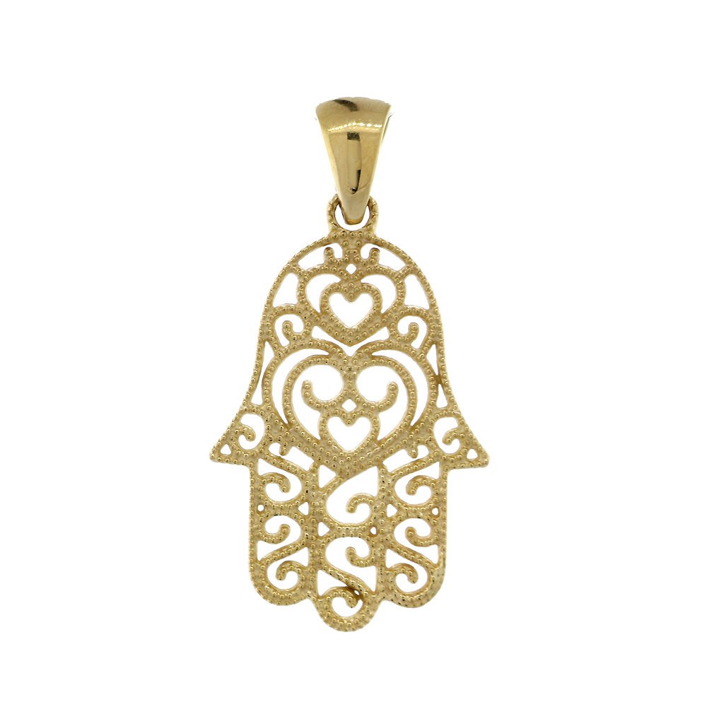 24mm Vintage Hearts Hamsa, Hand of God Charm in 14K Yellow Gold