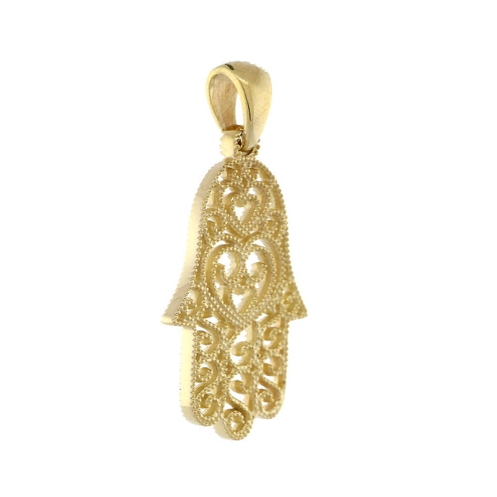 24mm Vintage Hearts Hamsa, Hand of God Charm in 14K Yellow Gold