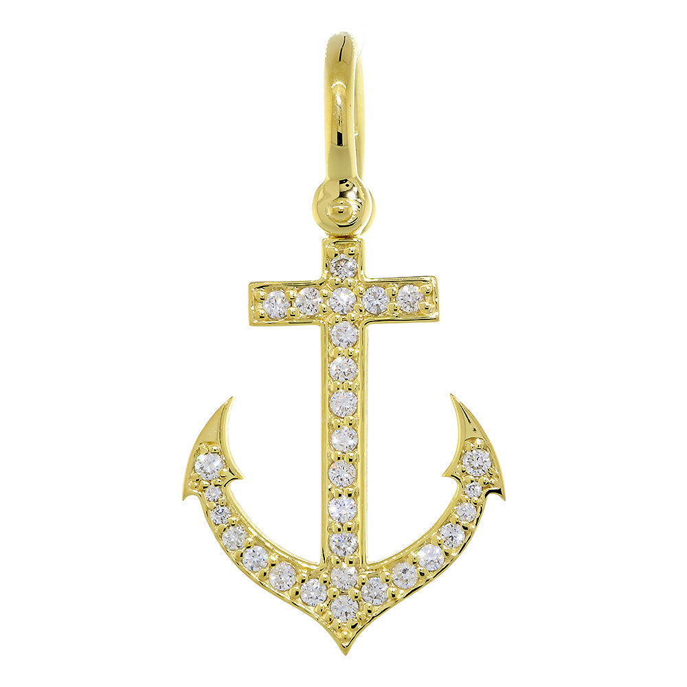 30mm Diamond Anchor Pendant with Wave Pattern, 0.78CT in 14k Yellow Gold