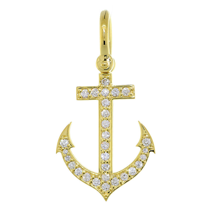 30mm Diamond Anchor Pendant with Wave Pattern, 0.78CT in 14k Yellow Gold