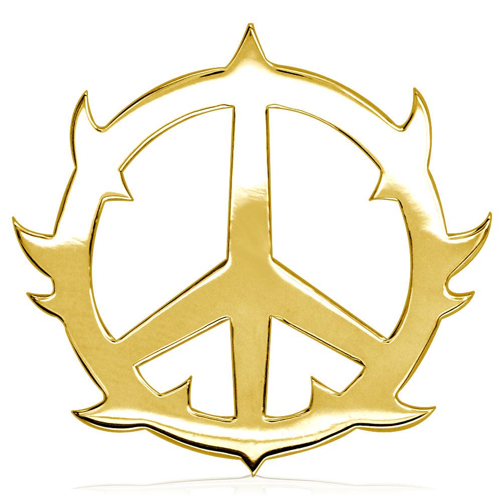 Large Guarded Peace Sign Charm, 1.25 Inch in 14K Yellow Gold