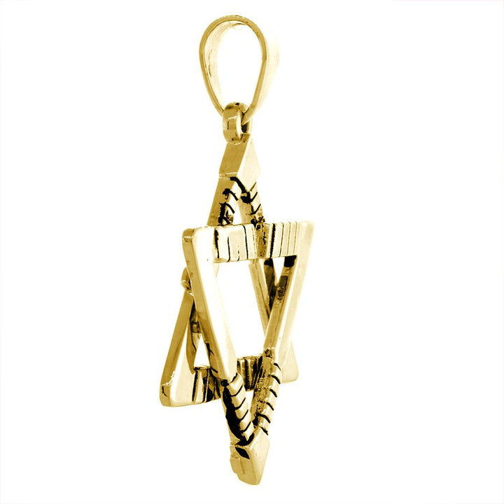 Extra Large Jewish Star of David Goalie Hockey Sticks Charm with Black in 14K Yellow Gold