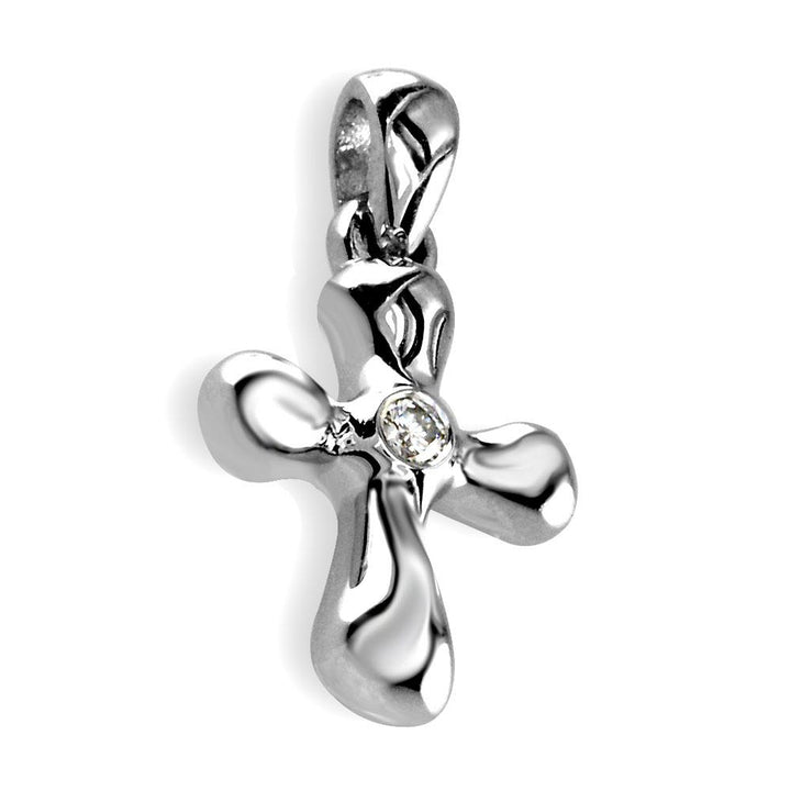 Small Free Form 3D Diamond Cross Charm, 13mm in 14K White Gold