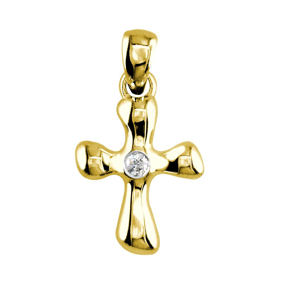 Small Free Form 3D Diamond Cross Charm, 13mm in 14K Yellow Gold