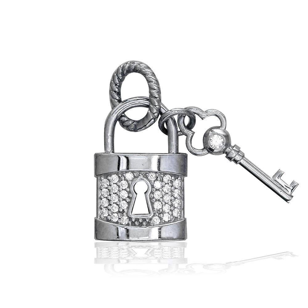 Diamond Lock and Key Charm, Hollow Lock in 14K White Gold