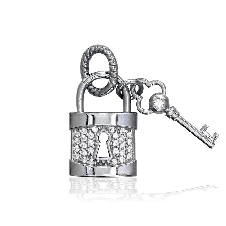 Diamond Lock and Key Charm, Hollow Lock in 14K White Gold