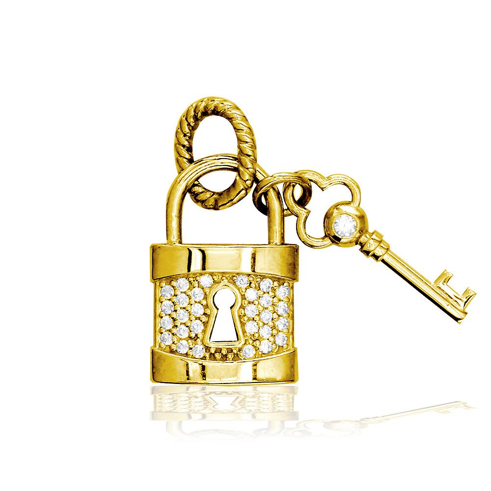 Diamond Lock and Key Charm, Solid Lock in 14K Yellow Gold