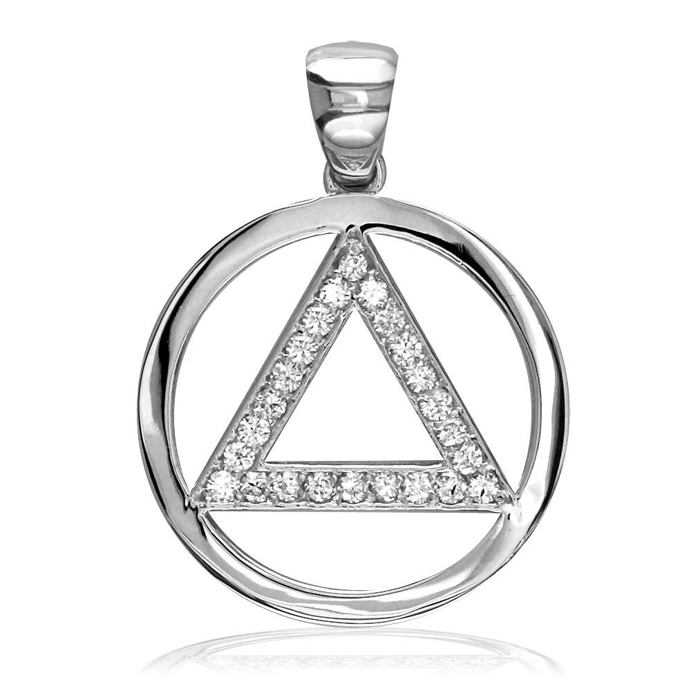 Cubic Zirconia AA Alcoholics Anonymous Sobriety Pendant in 14K White Gold