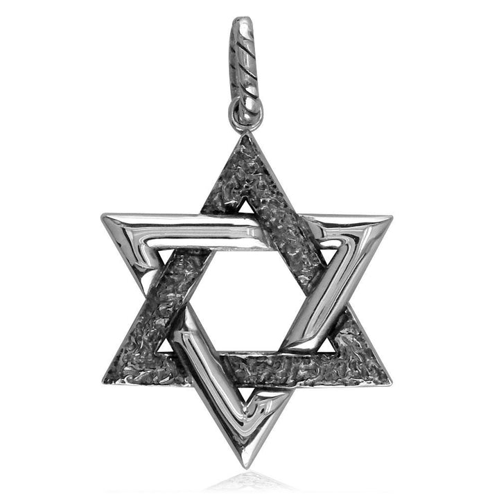 Large Jewish Star of David Charm with Cubic Zirconias and Black Stone Design in Sterling Silver