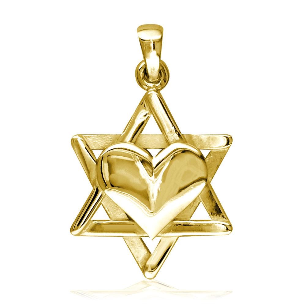 Small Heart and Jewish Star of David Sticks Charm in 14K Yellow Gold