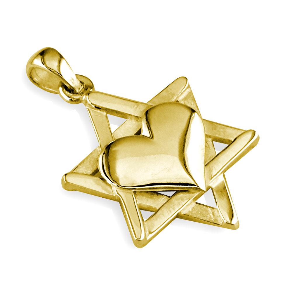 Small Heart and Jewish Star of David Sticks Charm in 14K Yellow Gold