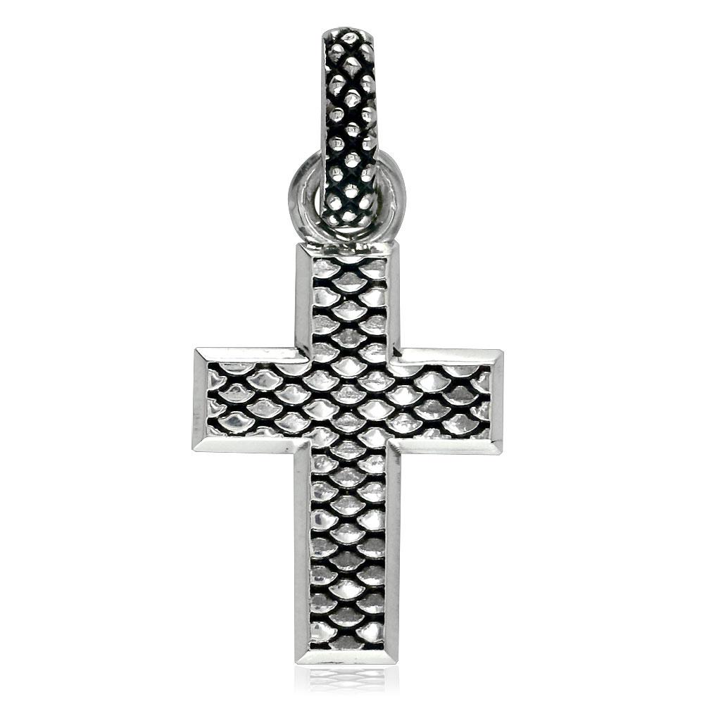 Wide Hardcore Metal Snake Skin Texture Cross Pendant in Sterling Silver