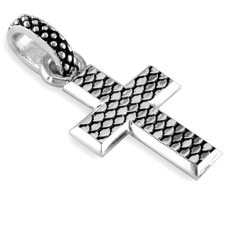 Wide Hardcore Metal Snake Skin Texture Cross Pendant in Sterling Silver