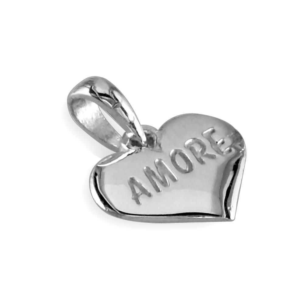 Small AMORE Engraved Heart Charm in 14K White Gold