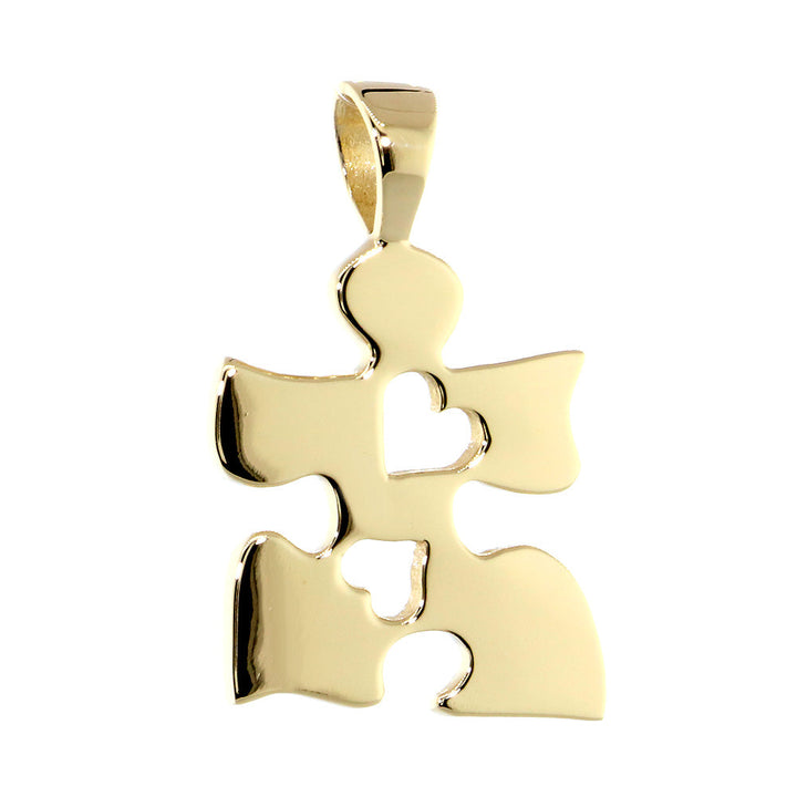 Autism Awareness Puzzle Piece Charm with 2 Open Hearts in 14K Yellow Gold, 20mm