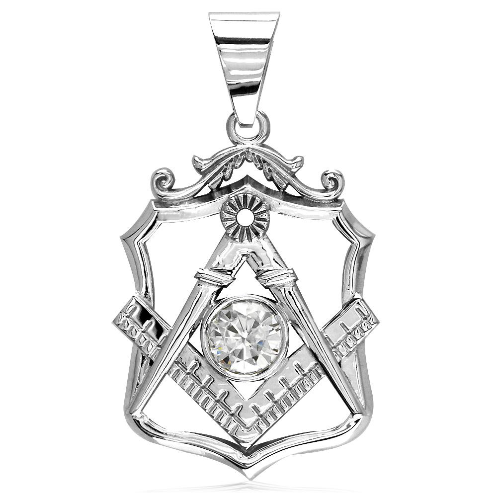 Large Masonic Charm with a Cubic Zirconia in 14K White Gold