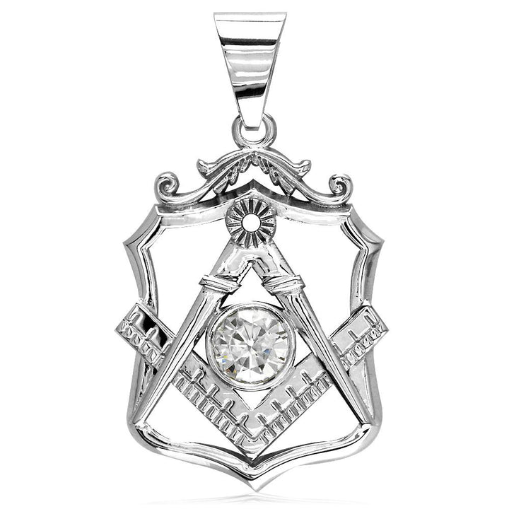 Large Masonic Charm with a Cubic Zirconia in 14K White Gold
