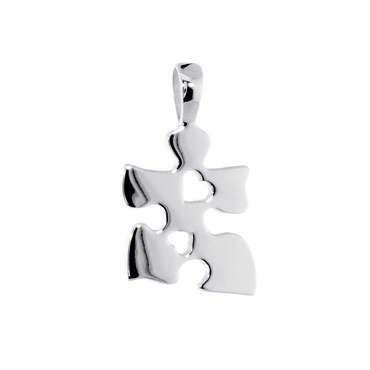 Small Autism Awareness Puzzle Piece Charm with 2 Open Hearts in 14K White Gold, 15mm