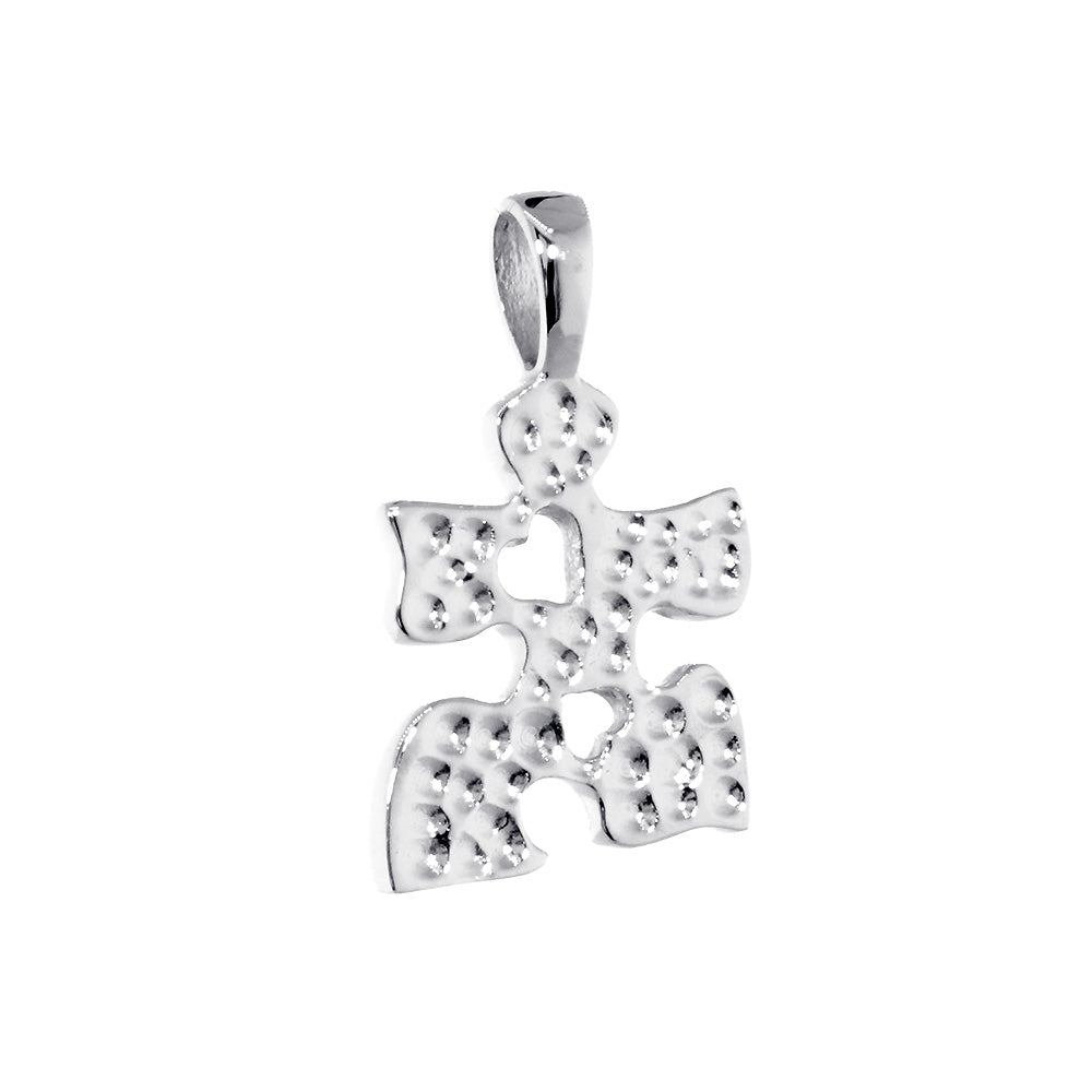 Small Autism Awareness Puzzle Piece Charm with 2 Open Hearts in 14K White Gold, 15mm
