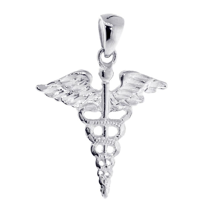 Large Lightweight Caduceus, Karykeion, Staff of Hermes, Mercury Medical Charm in 14K White Gold