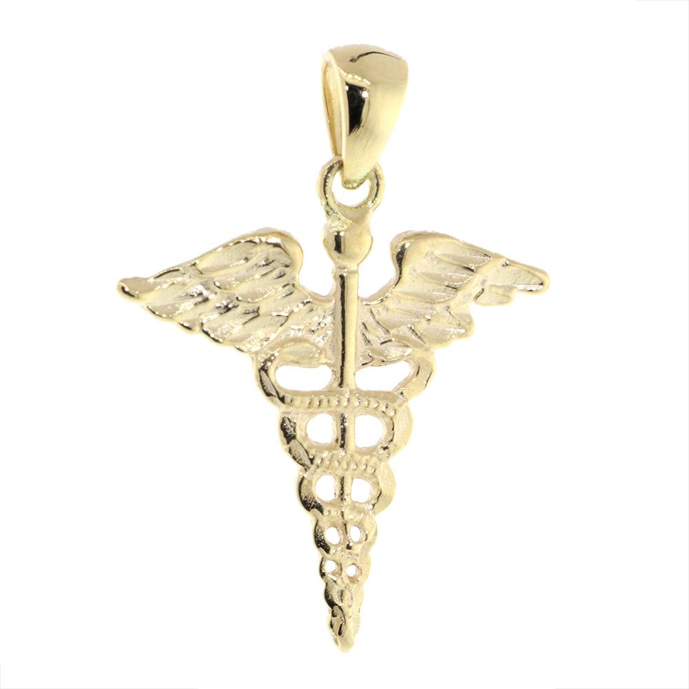 Large Lightweight Caduceus, Karykeion, Staff of Hermes, Mercury Medical Charm in 14K Yellow Gold