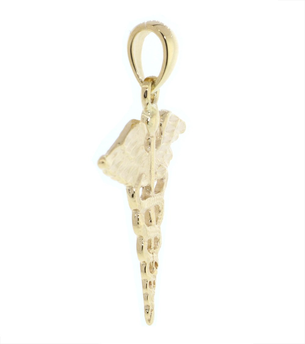 Large Lightweight Caduceus, Karykeion, Staff of Hermes, Mercury Medical Charm in 14K Yellow Gold