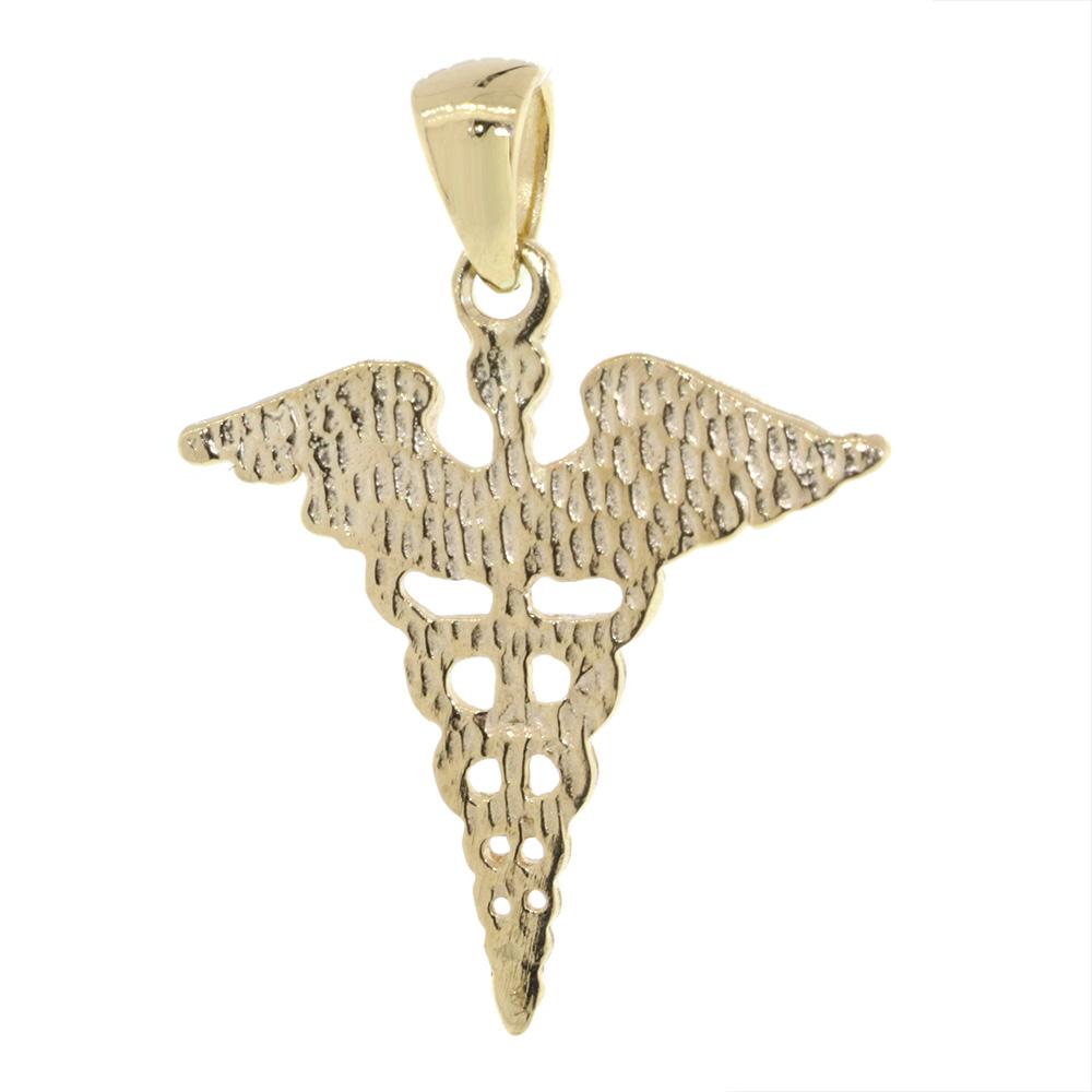 Large Lightweight Caduceus, Karykeion, Staff of Hermes, Mercury Medical Charm in 14K Yellow Gold