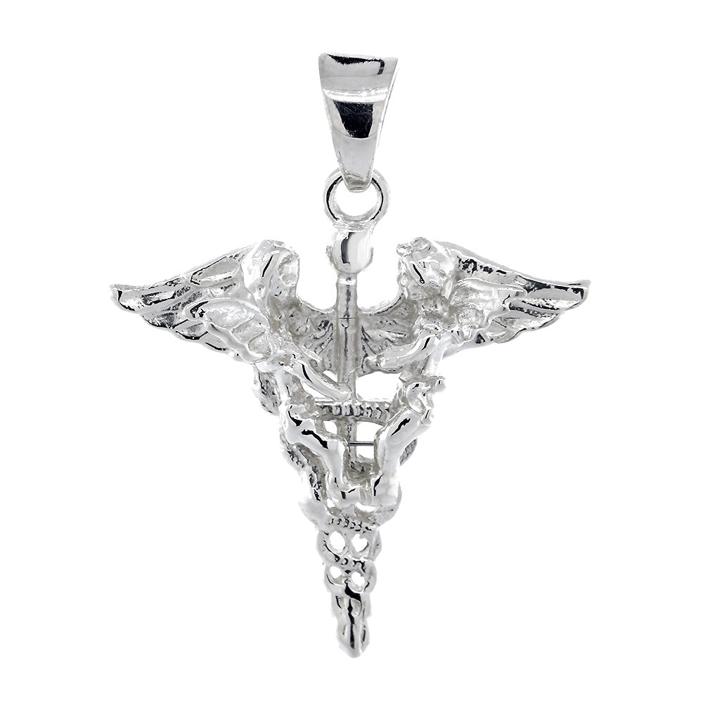 27mm Lightweight Caduceus with 2 Angels, Karykeion, Staff of Hermes, Mercury Medical Charm in 14k White Gold