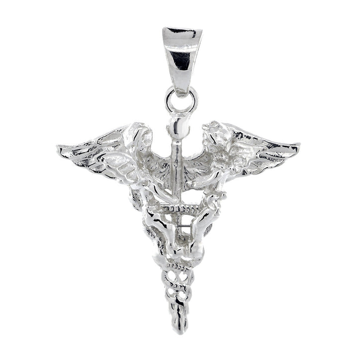 27mm Lightweight Caduceus with 2 Angels, Karykeion, Staff of Hermes, Mercury Medical Charm in 14k White Gold