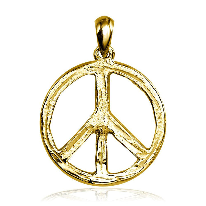 Carved Rough Design Peace Sign Charm in 14K Yellow Gold