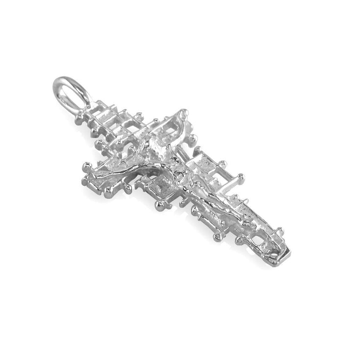 Crucifix Charm with Detailed Nails Mesh Cross, 40mm in 14K White Gold
