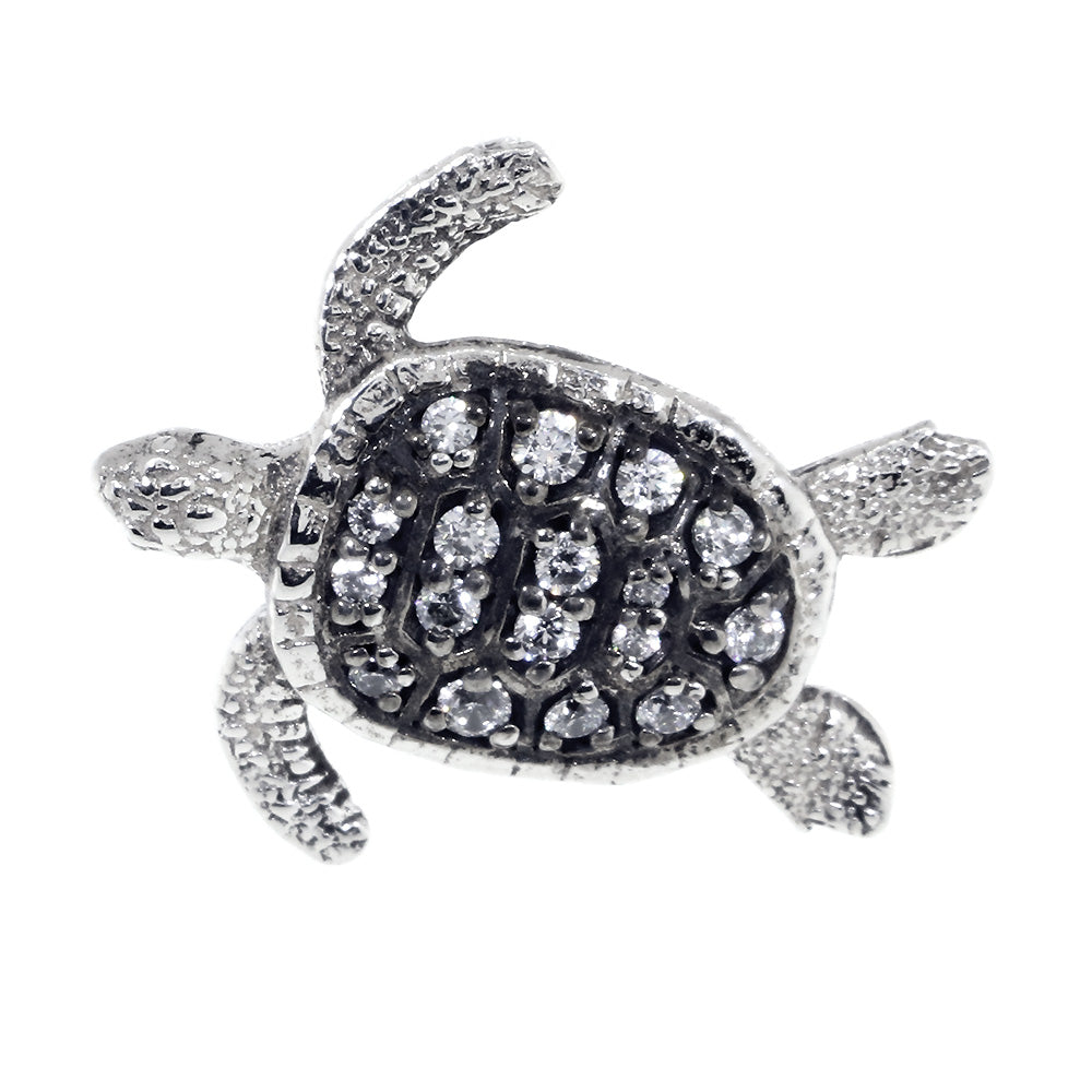 Cubic Zirconia 3D Sea Turtle Charm in Sterling Silver with Black