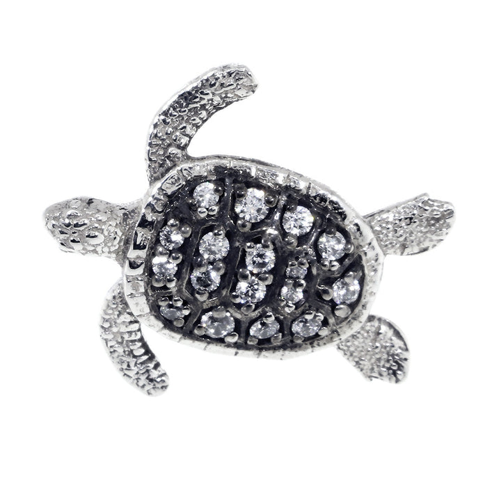 Cubic Zirconia 3D Sea Turtle Charm in Sterling Silver with Black