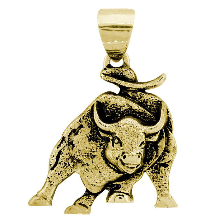 Wall Street Charging Bull Pendant Charm with Black in 14K Yellow Gold