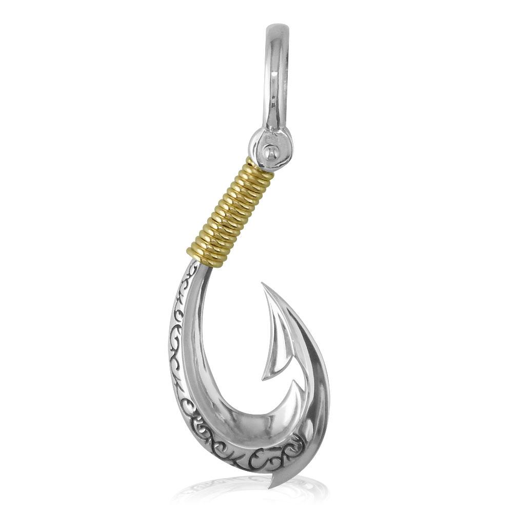 Large Hei Matau, Maori Tribal Fish Hook Charm with Black in Sterling Silver and 14k Yellow Gold