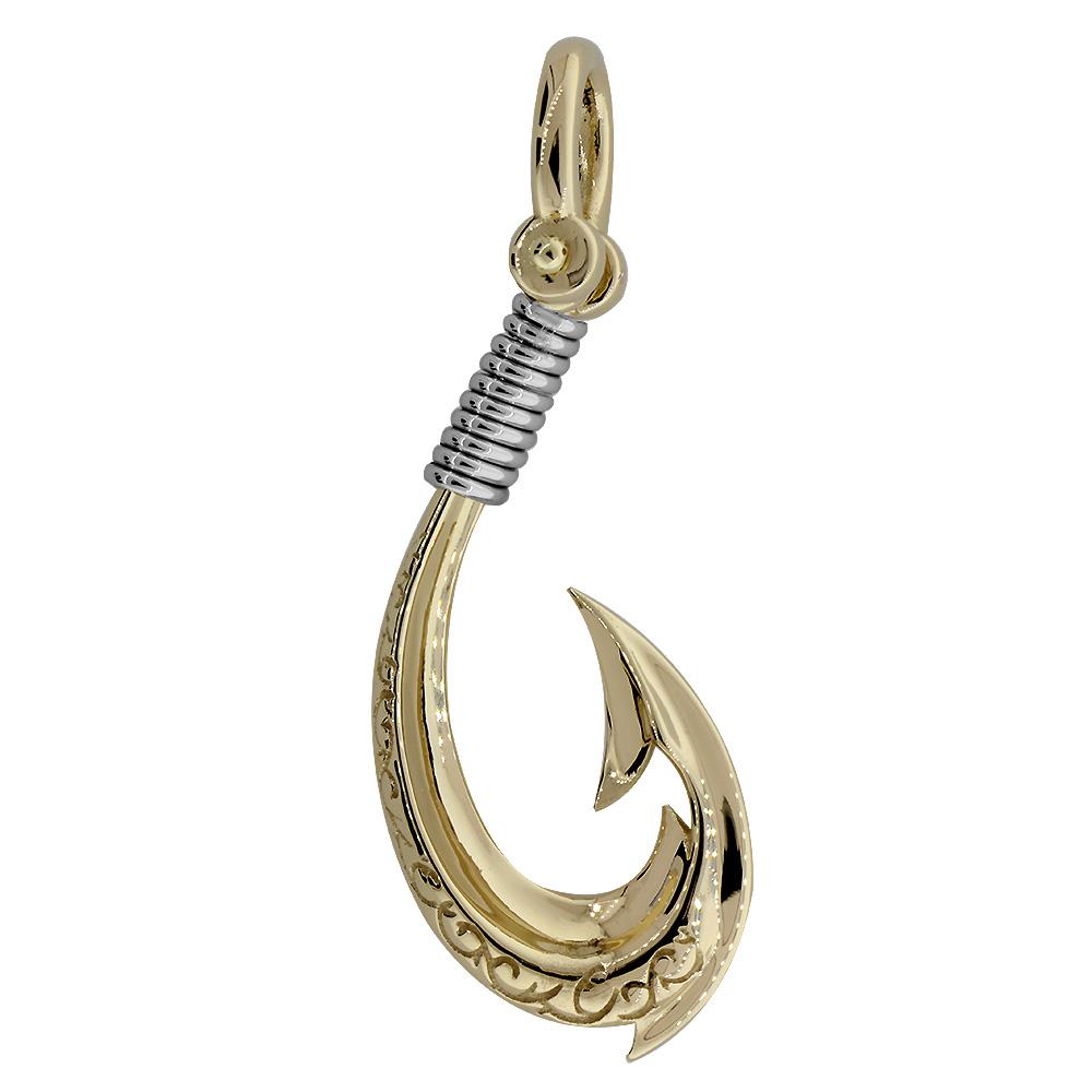 Large Hei Matau, Maori Tribal Fish Hook Charm with Black in 14k Yellow and White Gold