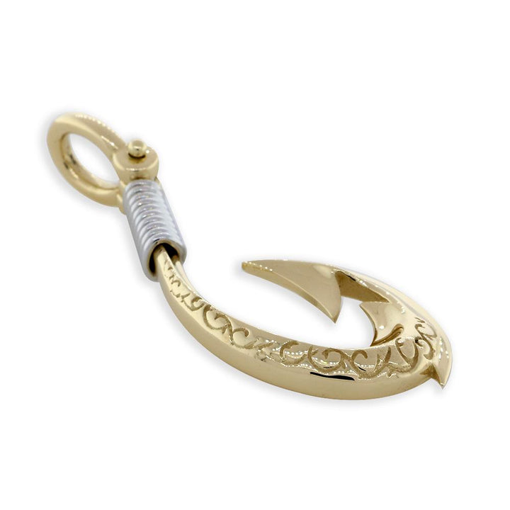 Large Hei Matau, Maori Tribal Fish Hook Charm with Black in 14k Yellow and White Gold