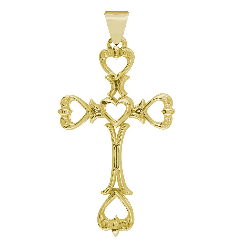 Large Hearts Cross Pendant in 14K Yellow Gold