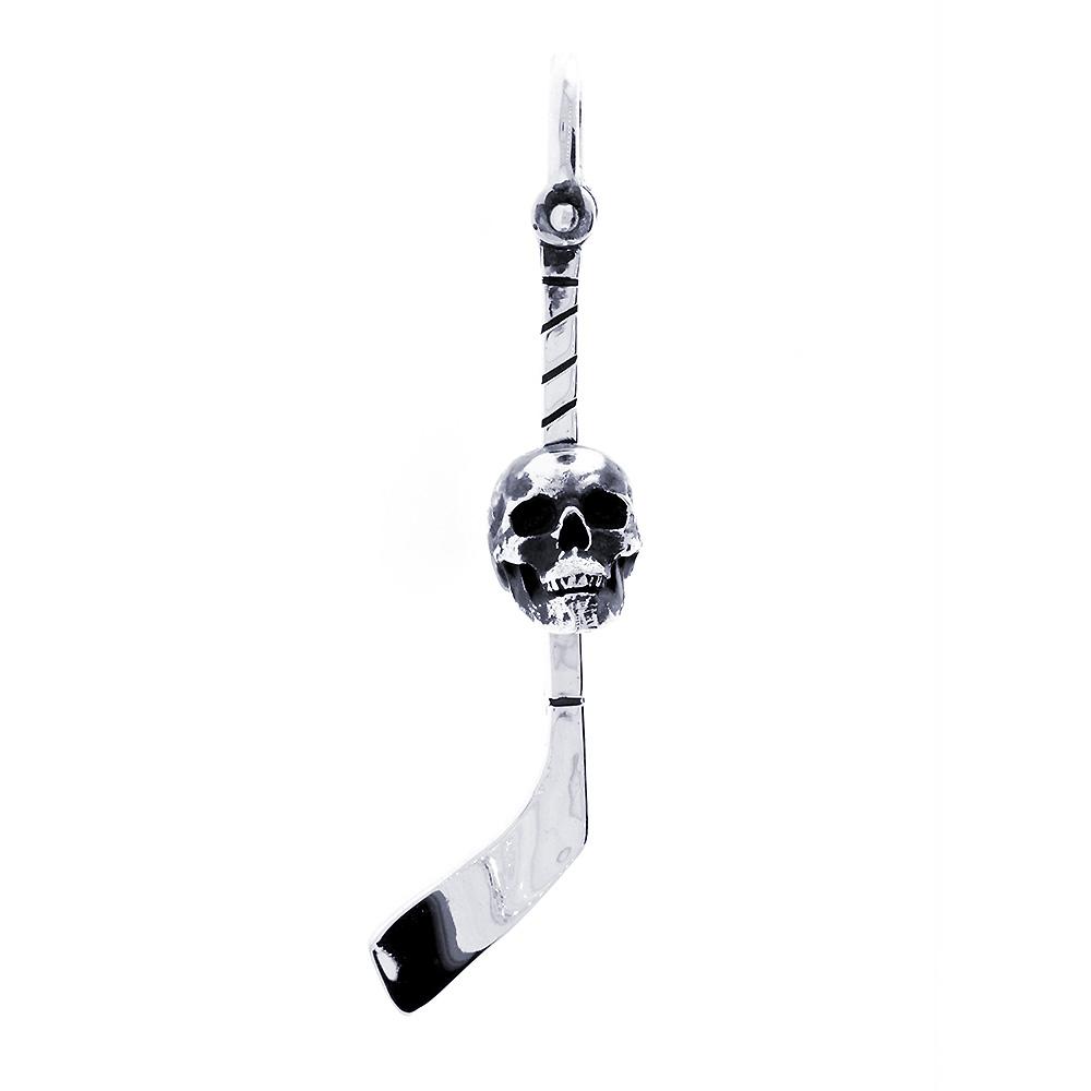 Extra Large Hockey Stick and Skull Charm with Black in Sterling Silver
