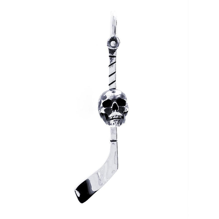 Extra Large Hockey Stick and Skull Charm with Black in Sterling Silver