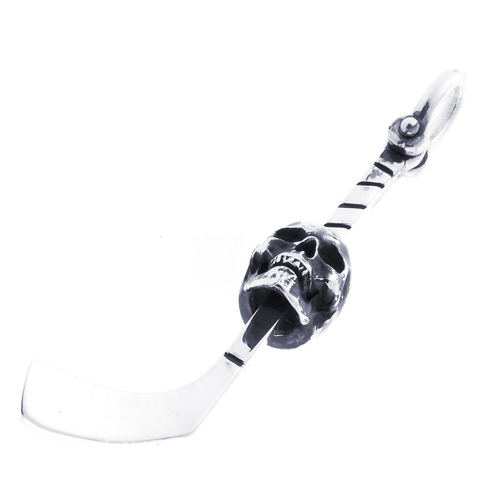 Extra Large Hockey Stick and Skull Charm with Black in 14K White Gold