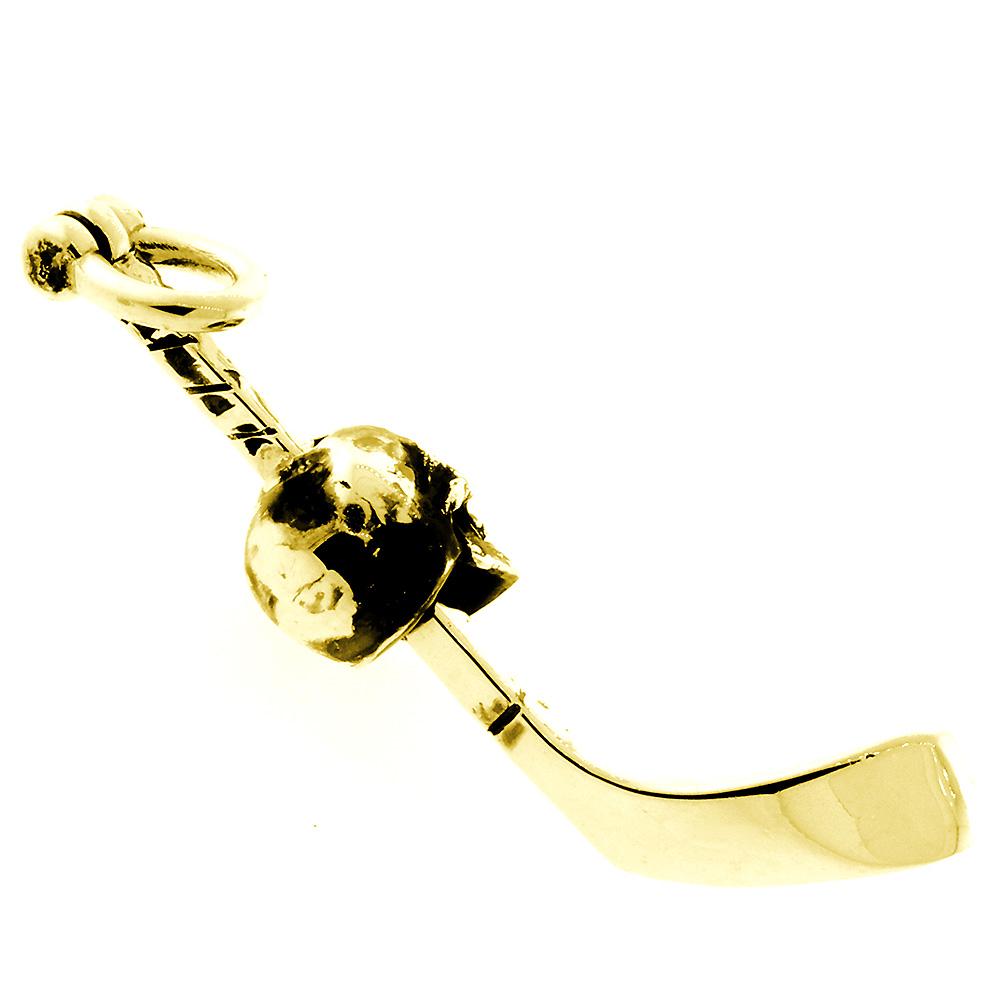 Extra Large Hockey Stick and Skull Charm with Black in 14K Yellow Gold