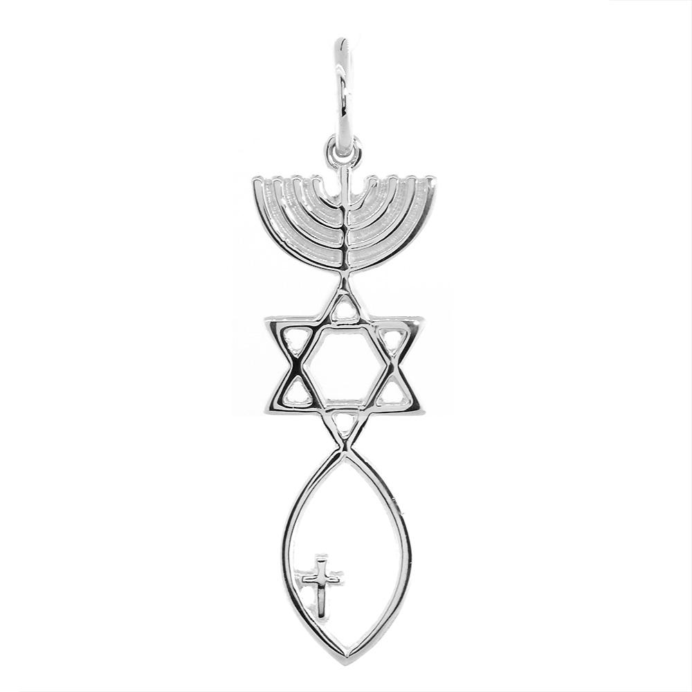 Large Messianic Seal Jewelry Charm with Small Cross in 14K White Gold