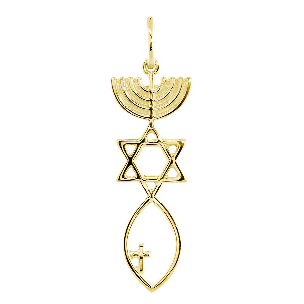 Large Messianic Seal Jewelry Charm with Small Cross in 14K Yellow Gold