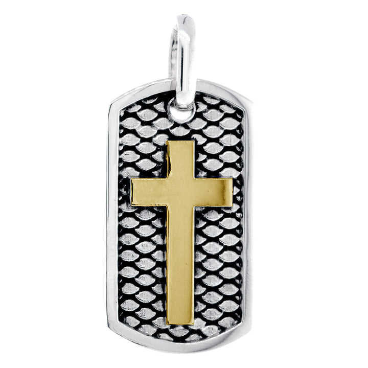 36mm Hardcore Metal Snake Skin Cross Pendant Dog Tag in 14K White and Yellow Gold