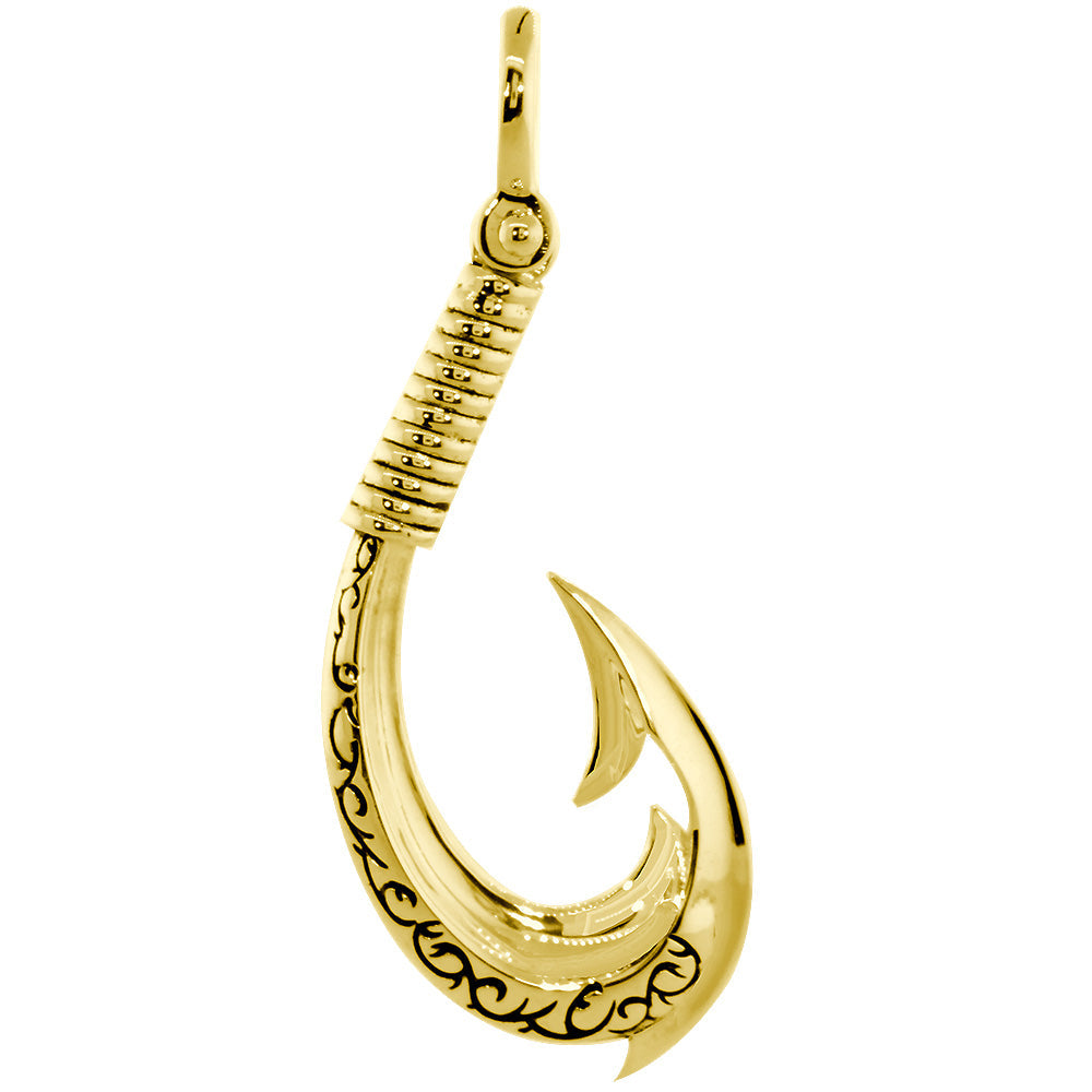 2.25 Inch Hei Matau, Maori Tribal Fish Hook Charm with Black in 14k Yellow Gold