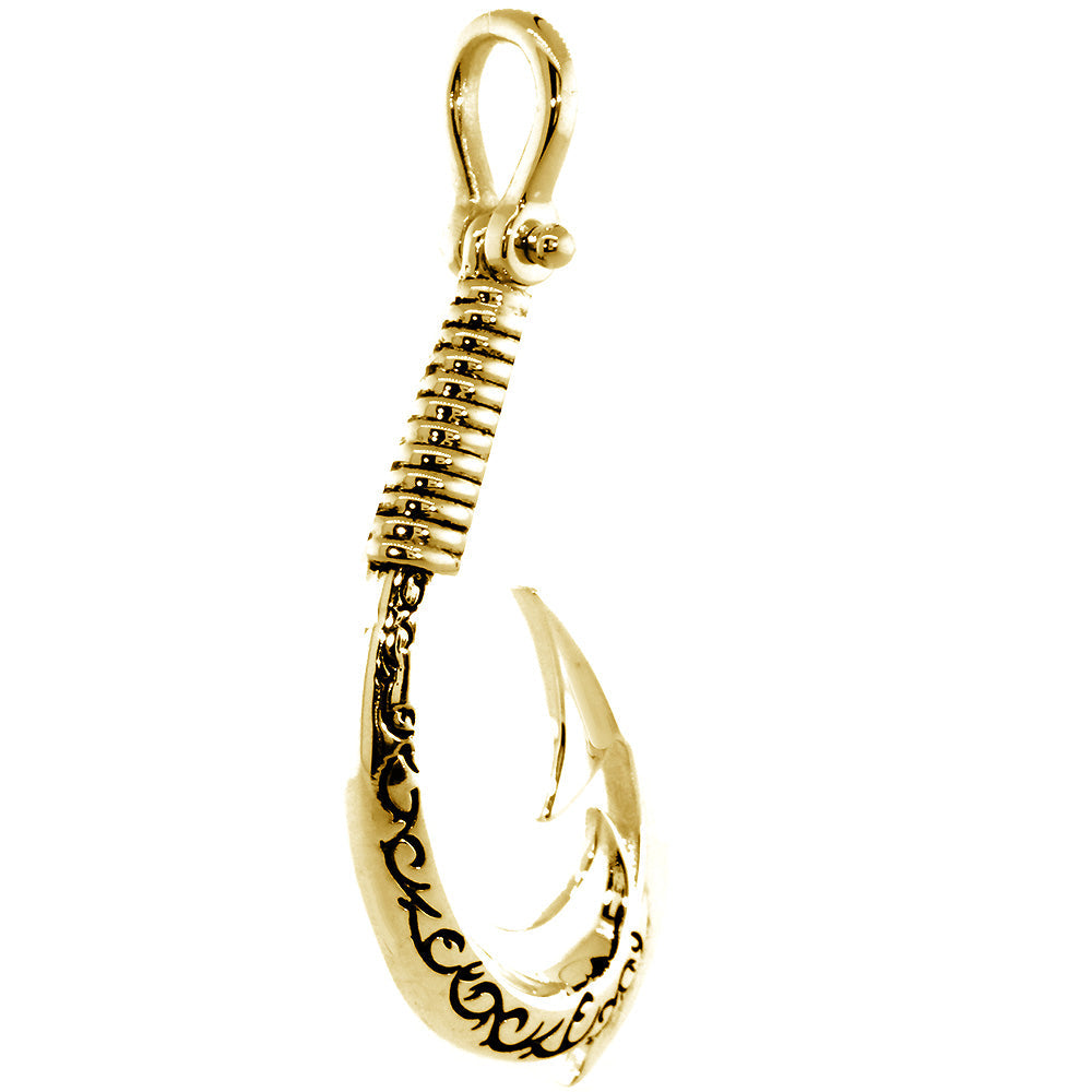 2.25 Inch Hei Matau, Maori Tribal Fish Hook Charm with Black in 14k Yellow Gold