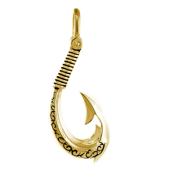 Extra Large Hei Matau, Maori Tribal Fish Hook Charm with Black, 2 Inches in 14k Yellow Gold