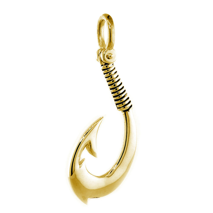 Extra Large Hei Matau, Maori Tribal Fish Hook Charm with Black, 2 Inches in 14k Yellow Gold