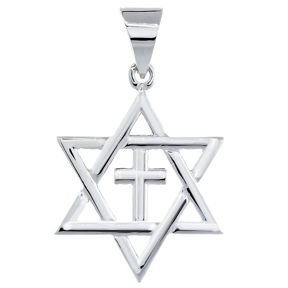 Large Messianic Star of David with Cross Charm in 14k White Gold